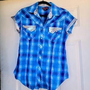 Rock&Roll Cowgirl Blue Plaid Sequin Pockets Pearl Snaps Shirt MEDIUM
